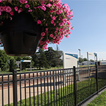 The AmTrack station with hanging flowers.